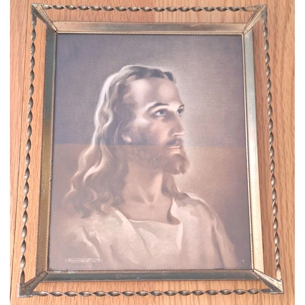 Vtg Jesus 1941© Sallman 8x10 Print w Glass 1950s Goldtone Twisted Steel Frame